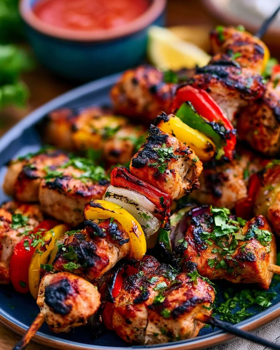Delicious grilled chicken skewers served on a platter with colorful vegetables.