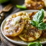 Grilled green tomatoes on a platter garnished with herbs