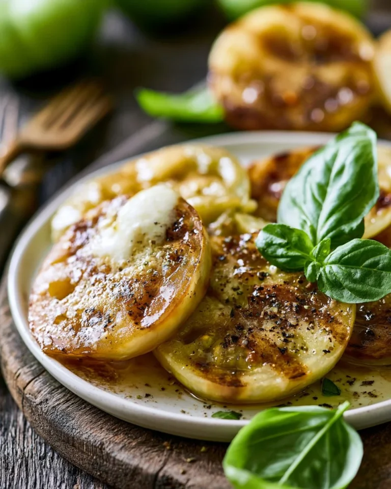 Grilled green tomatoes on a platter garnished with herbs