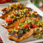 Grilled salmon fillet served with vibrant charred corn salsa on a plate