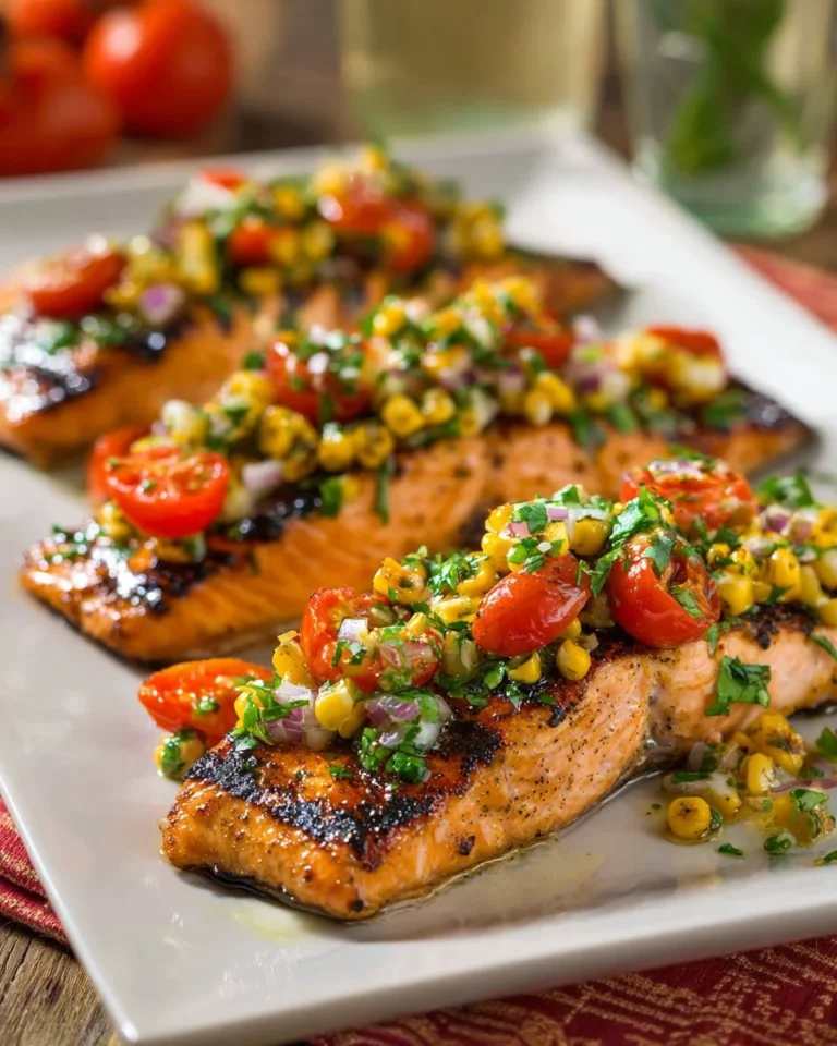 Grilled salmon fillet served with vibrant charred corn salsa on a plate