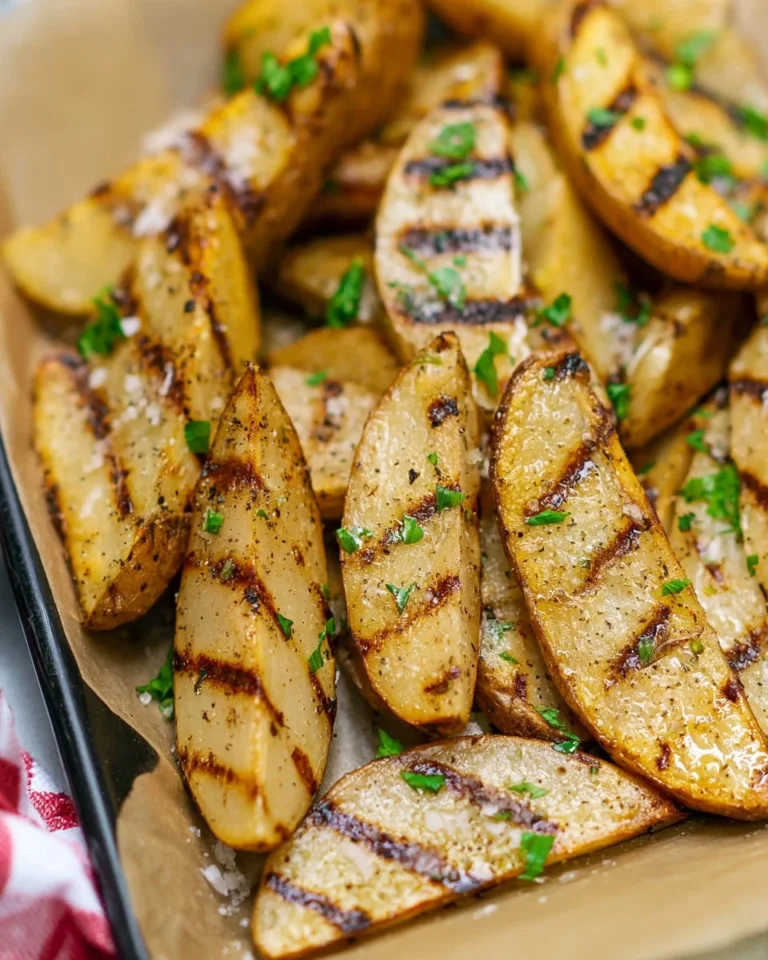 Grilled Salt and Vinegar Potatoes served on a plate, garnished with herbs.