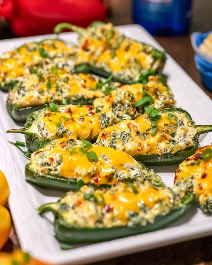 Grilled spinach dip stuffed jalapenos on a serving platter