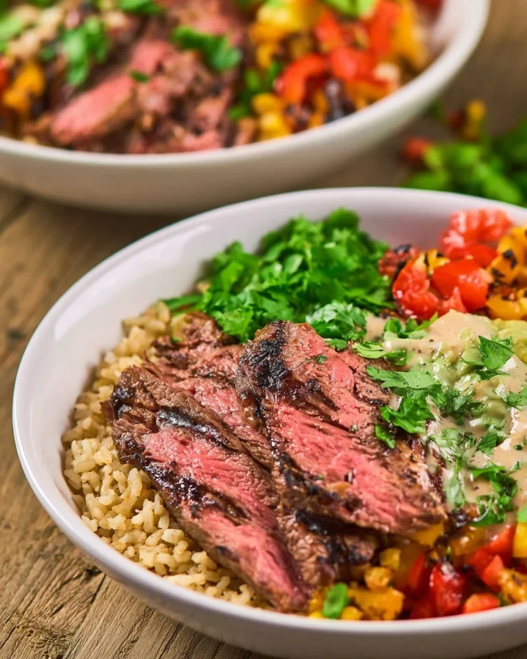 Grilled steak burrito bowls filled with fresh ingredients and bold flavors.