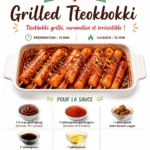 Grilled Tteokbokki skewers served on a plate with dipping sauce.