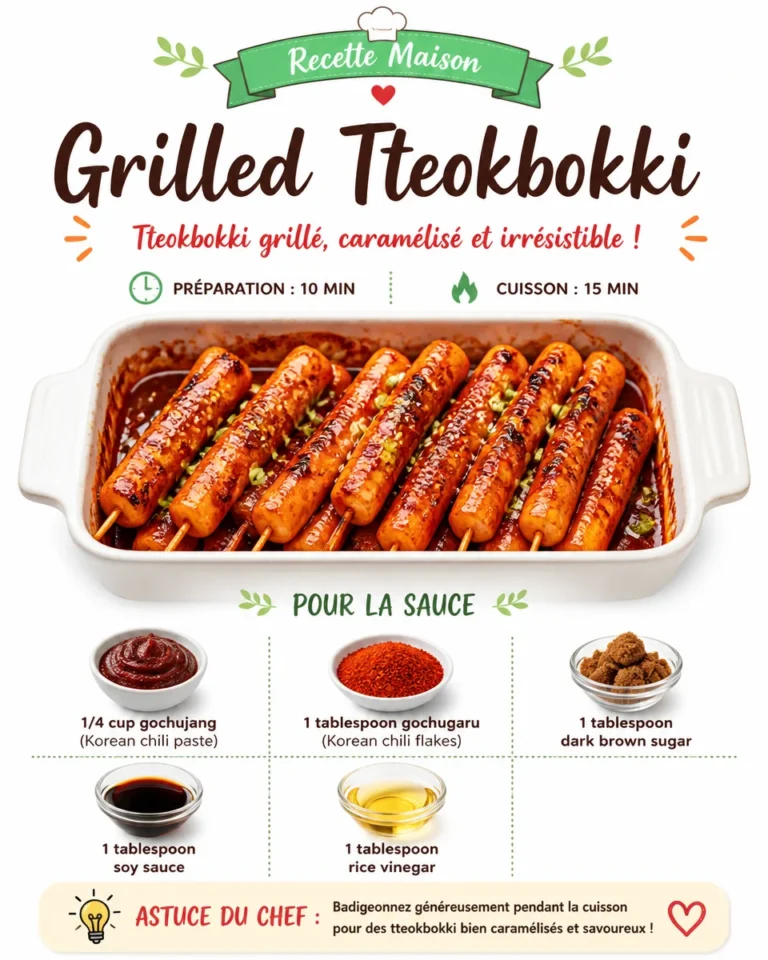 Grilled Tteokbokki skewers served on a plate with dipping sauce.