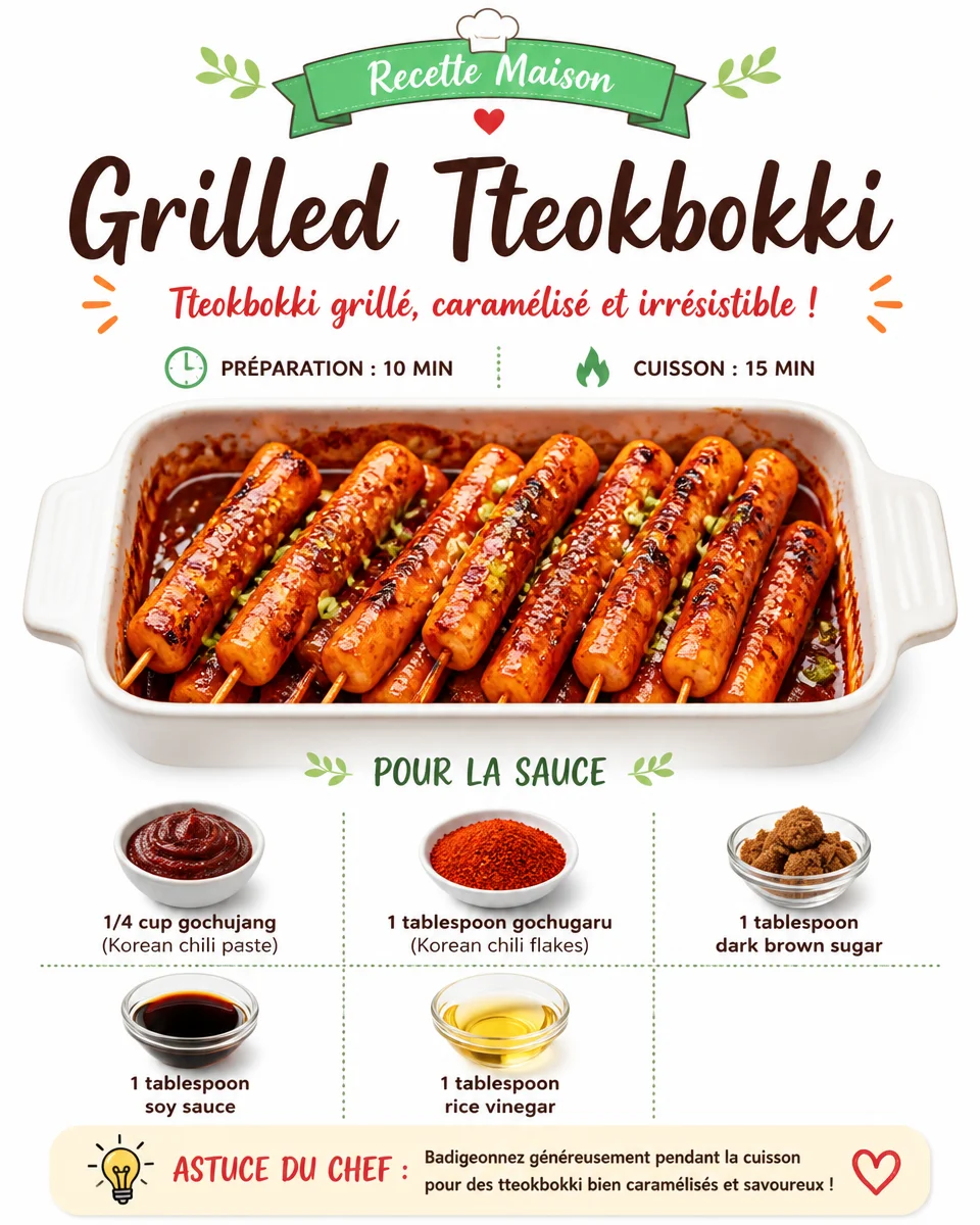 Grilled Tteokbokki skewers served on a plate with dipping sauce.
