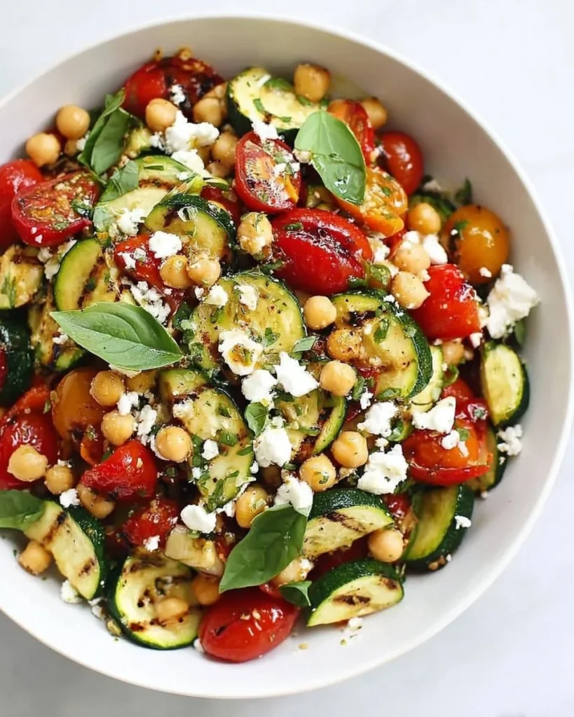 Grilled zucchini salad with chickpeas, tomatoes, and goat cheese on a plate