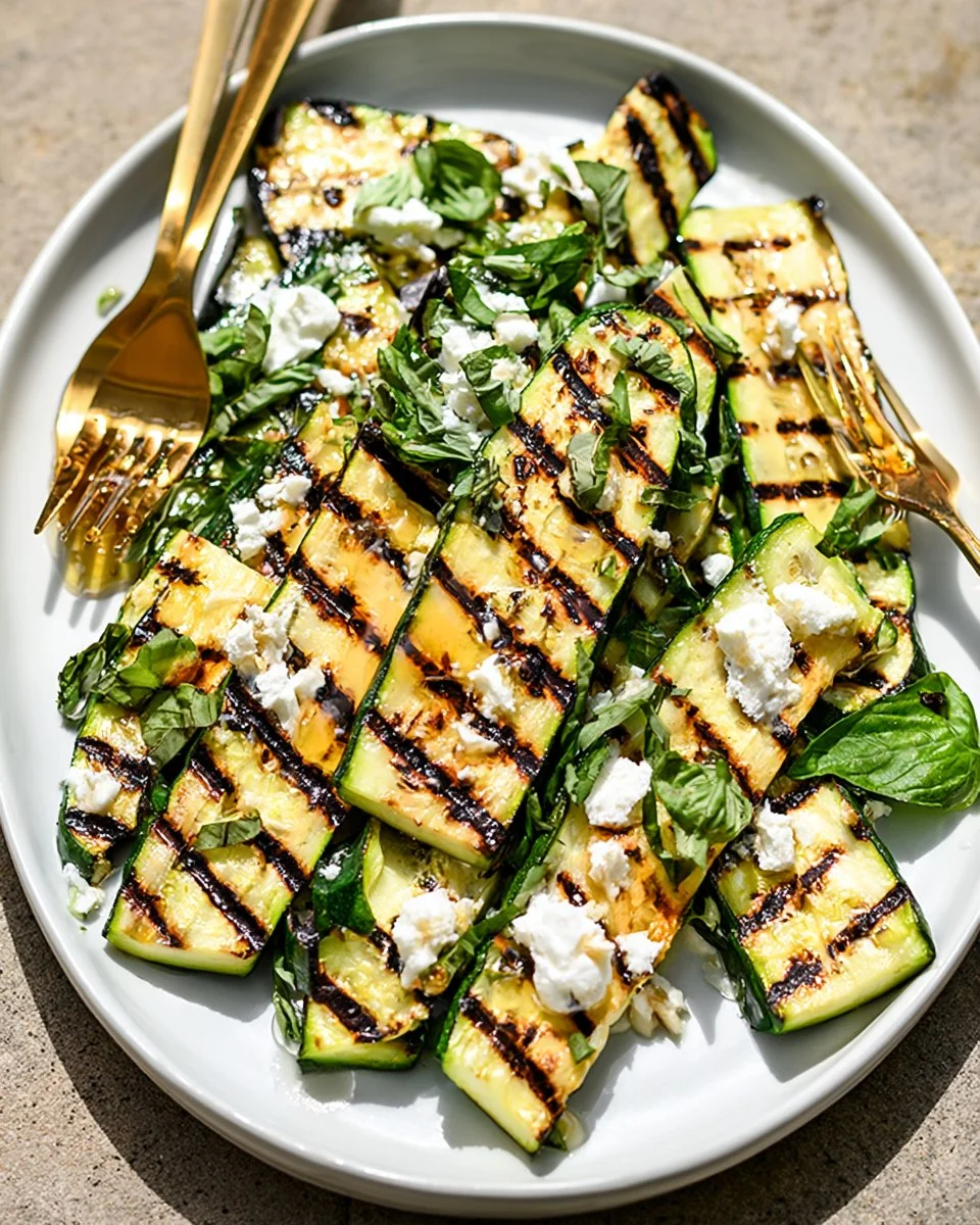 Grilled zucchini with goat cheese, fresh basil, and drizzled honey on a plate