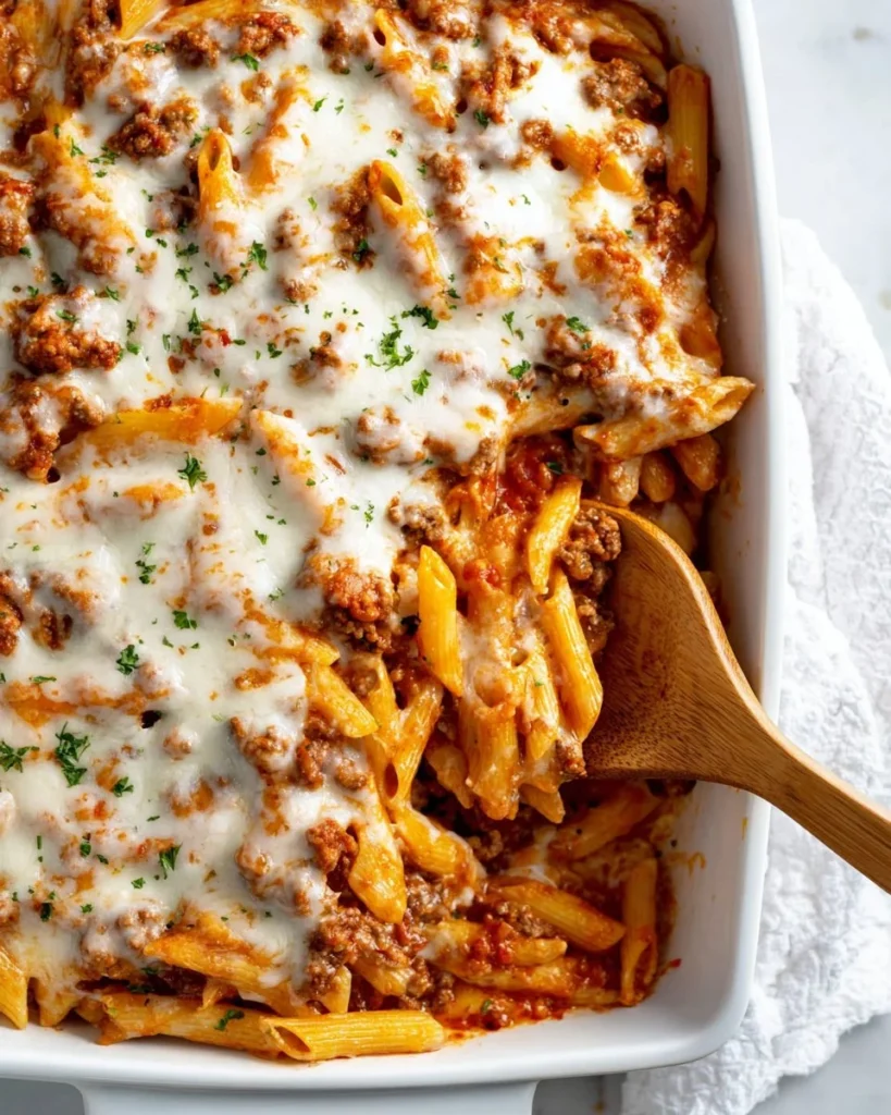 Delicious ground beef casserole topped with cheese and served in a baking dish.