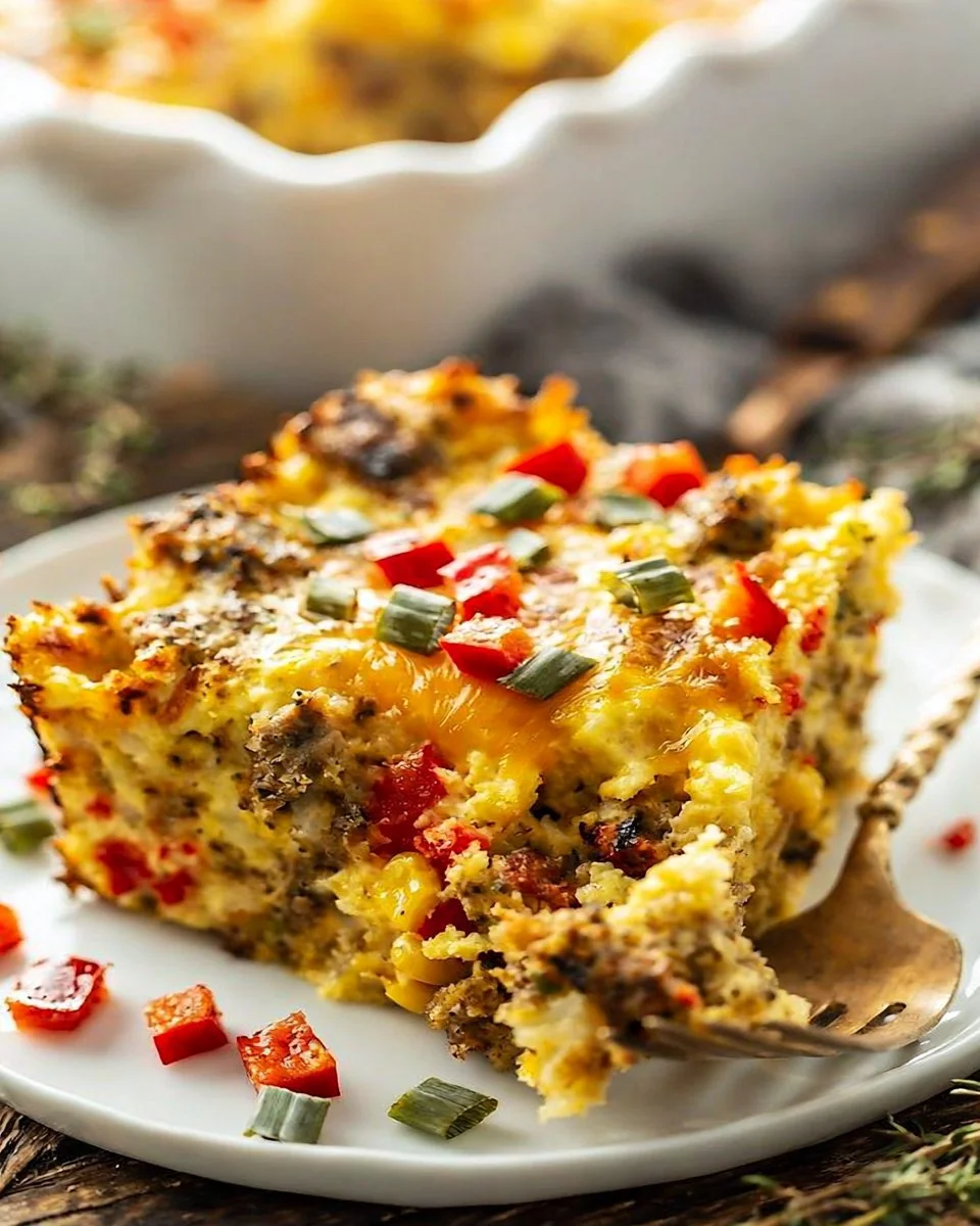 Delicious hashbrown breakfast casserole served with eggs and cheese