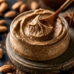 Homemade almond butter spread on toast with almonds in the background