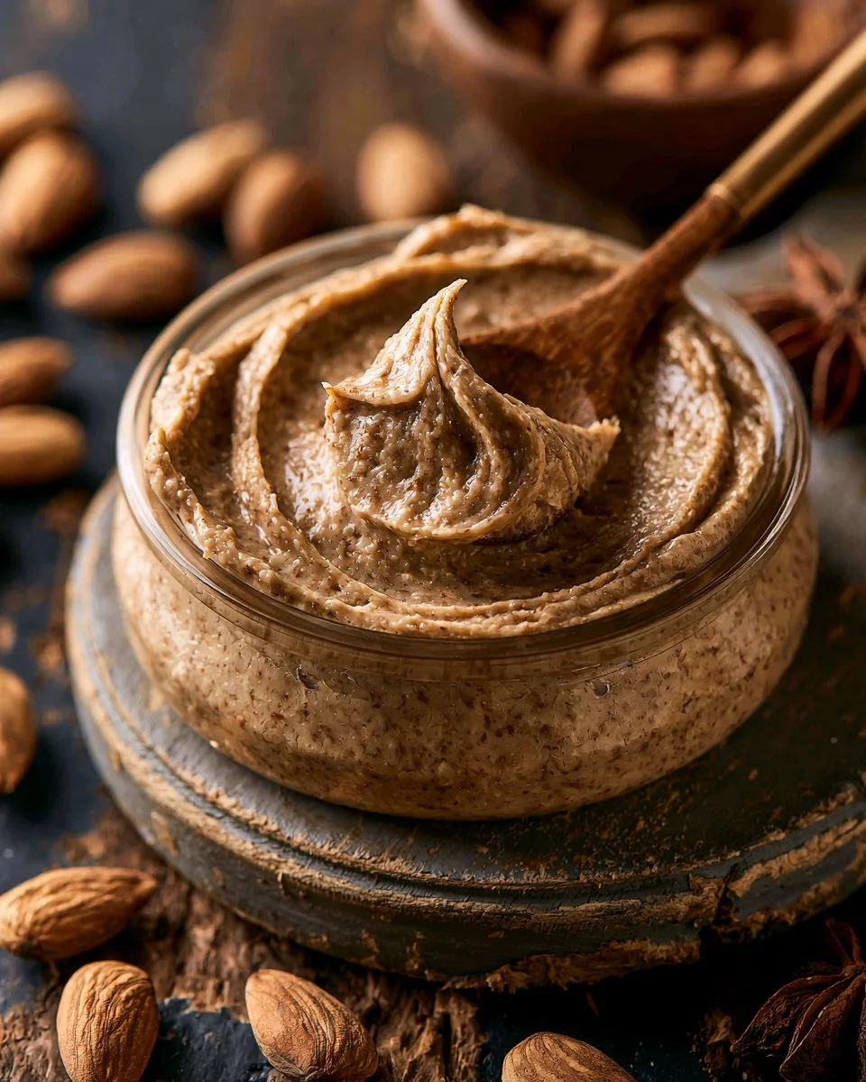 Homemade almond butter spread on toast with almonds in the background