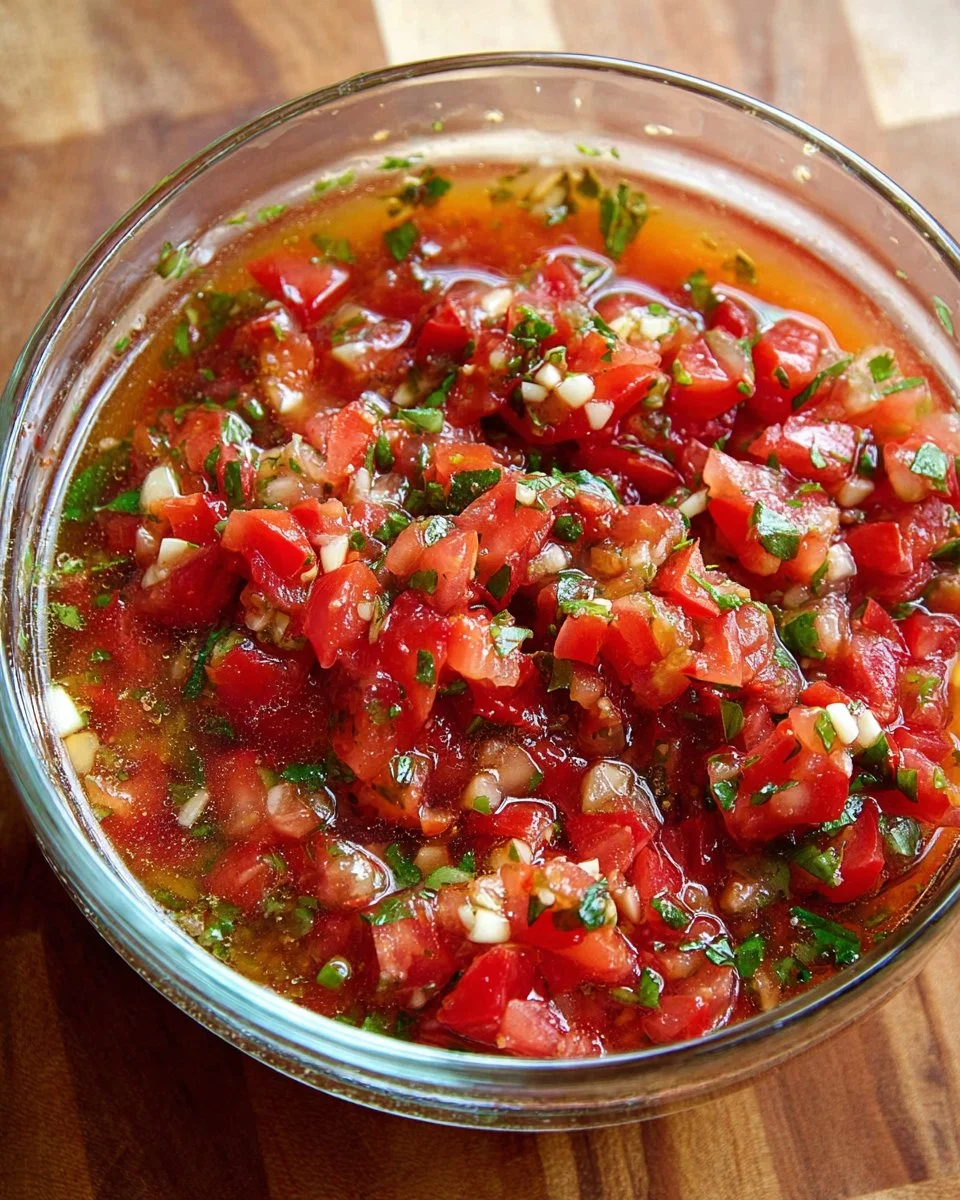 Fresh homemade bruschetta sauce in a bowl with tomatoes and basil