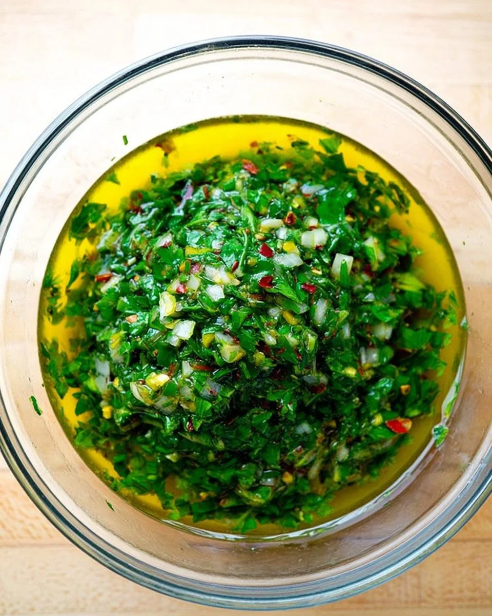 Bowl of vibrant homemade chimichurri sauce with fresh herbs and spices