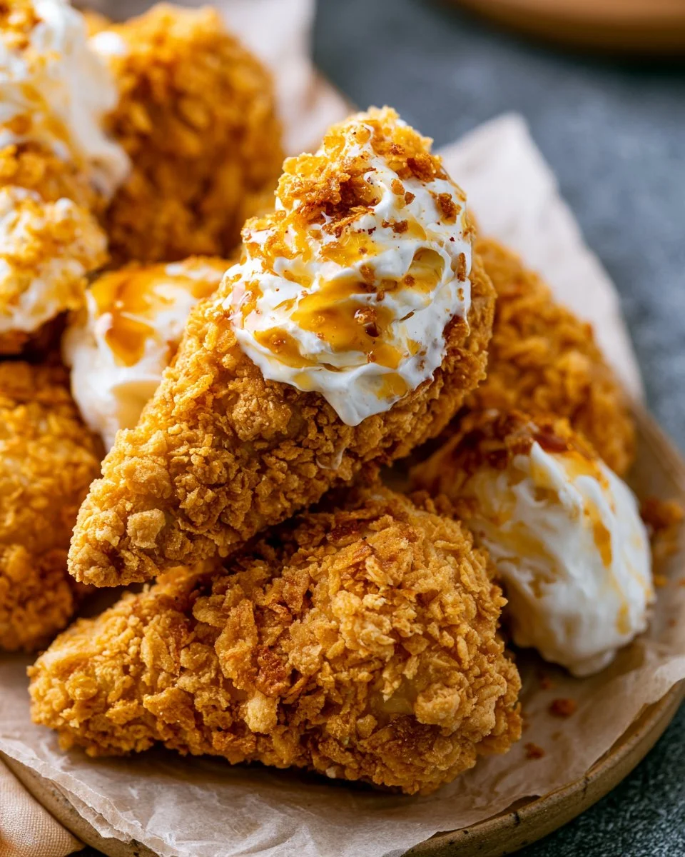 Homemade fried chicken ice cream served in a bowl with a crispy coating.