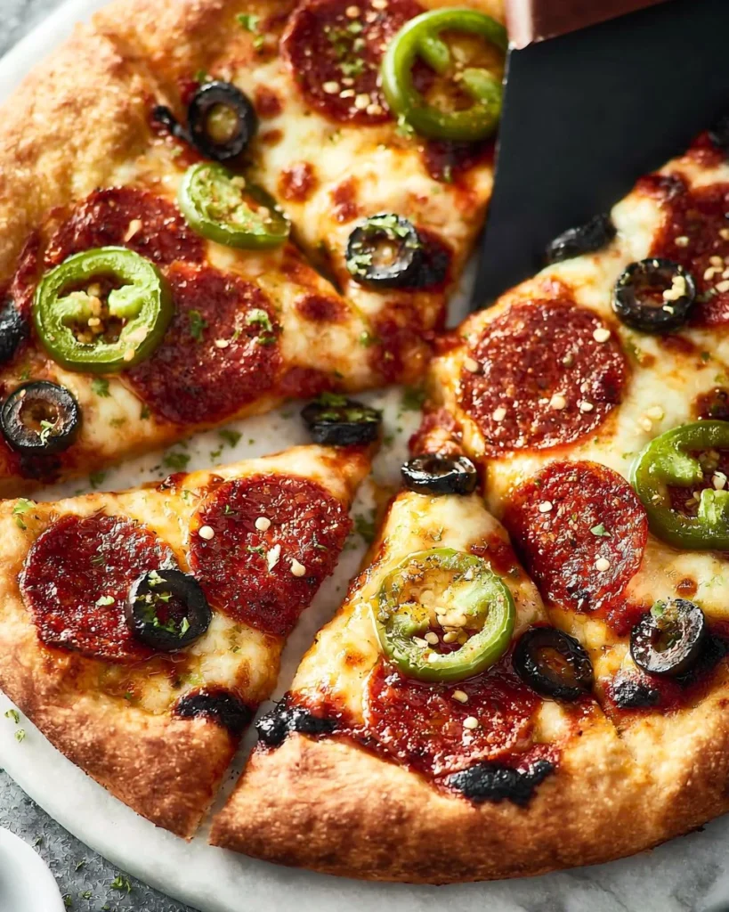 Delicious homemade pizza topped with fresh ingredients and herbs.