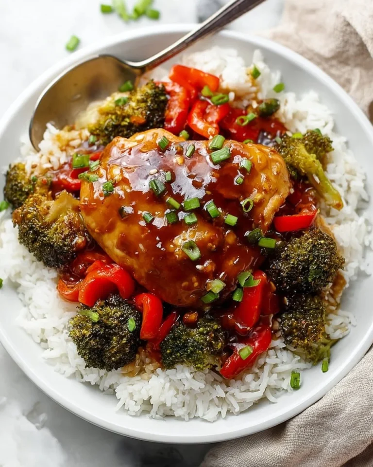 Plate of Honey Garlic Chicken garnished with green onions and sesame seeds