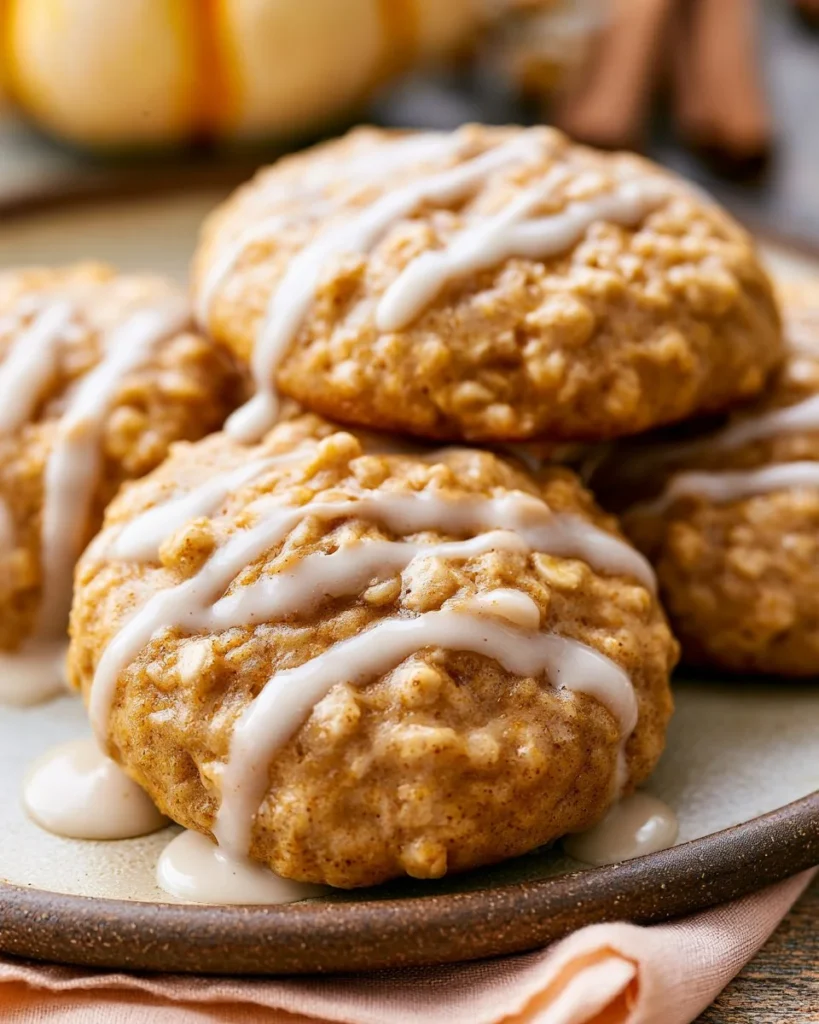 Iced Pumpkin Oatmeal Cookies topped with creamy icing and spices