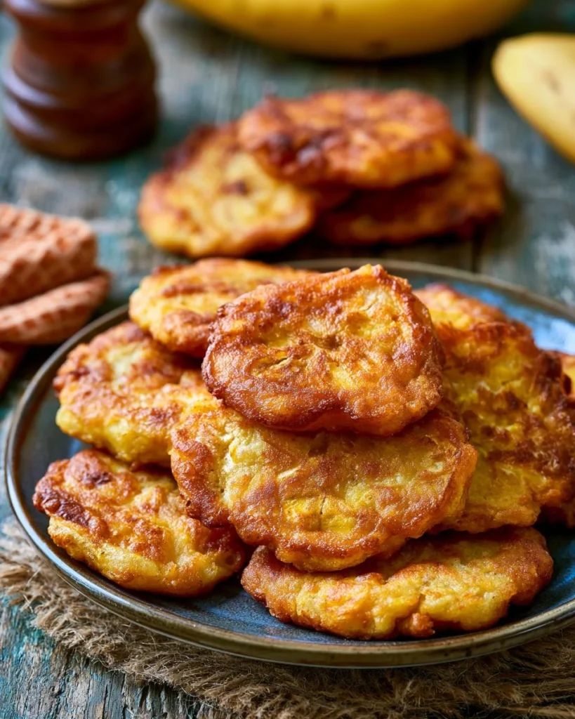 Delicious Jamaican plantain fritters served on a plate, crispy and golden brown.