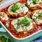 Delicious Keto Eggplant Parmesan dish topped with melted cheese and fresh herbs