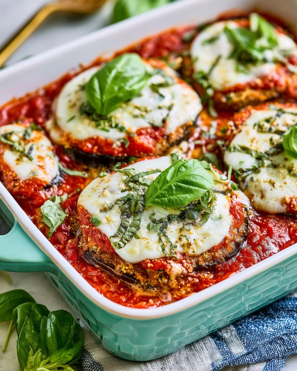 Delicious Keto Eggplant Parmesan dish topped with melted cheese and fresh herbs