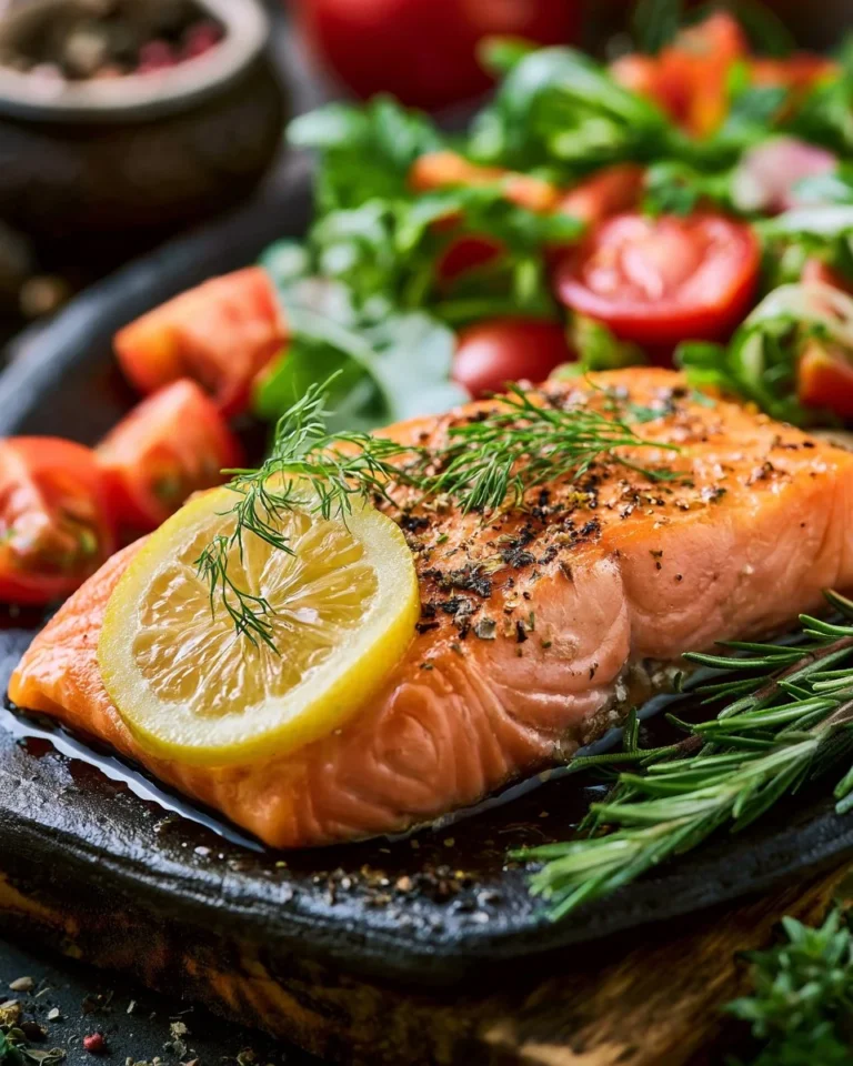 Lemon and Dill Skillet Salmon with Herb Salad on a plate