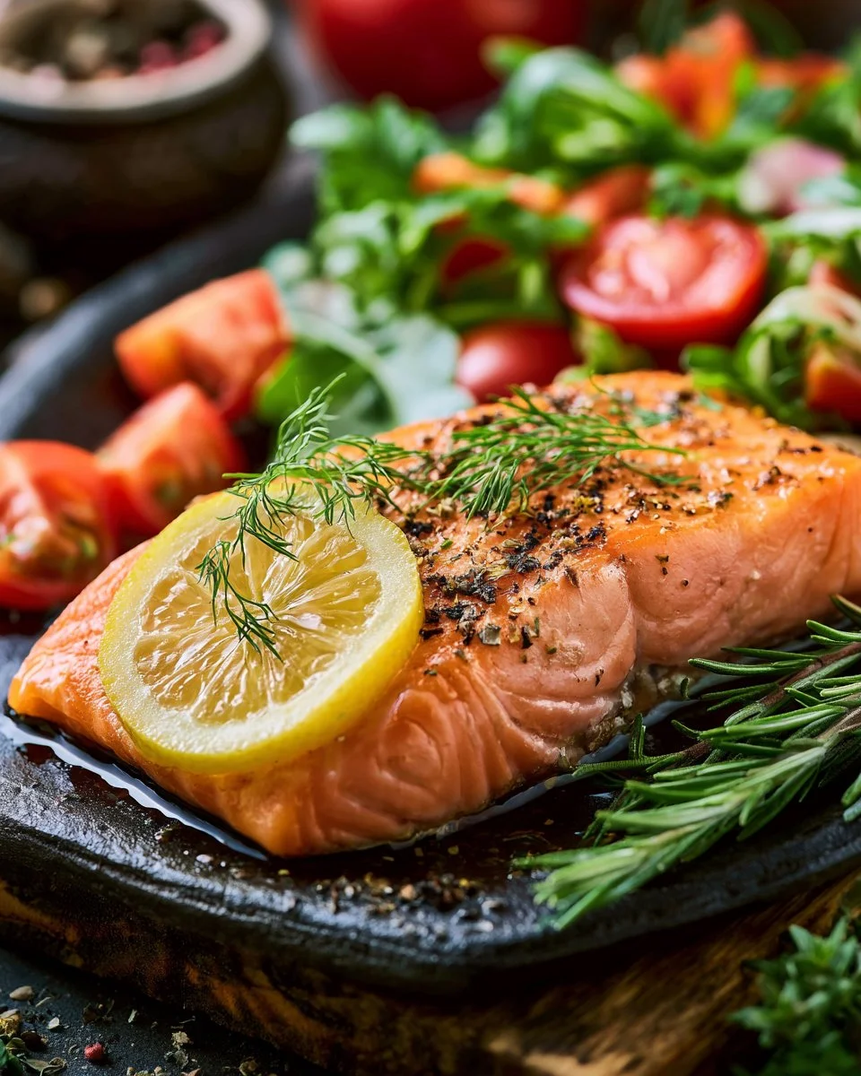 Lemon and Dill Skillet Salmon with Herb Salad on a plate