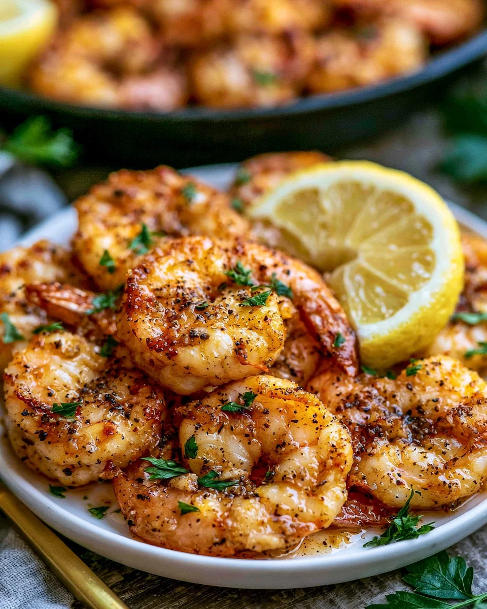 Delicious lemon pepper shrimp served on a plate with garnish
