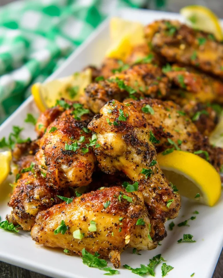 Delicious lemon pepper wings served hot with a tangy lemon flavor.