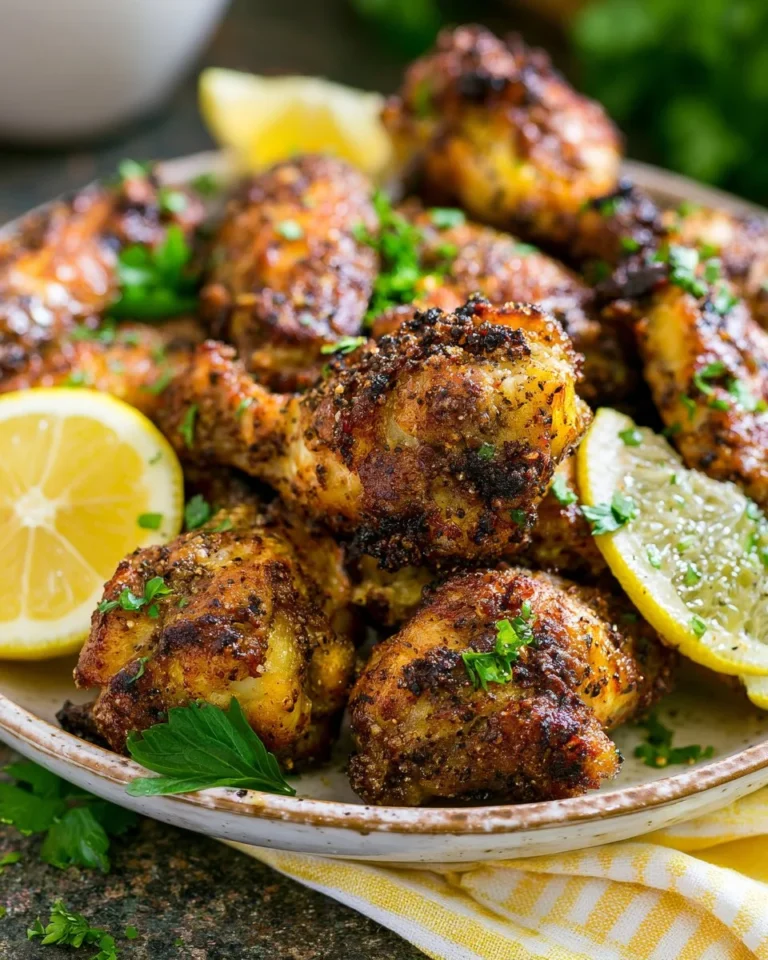 Delicious lemon pepper wings served on a platter with lemon slices.