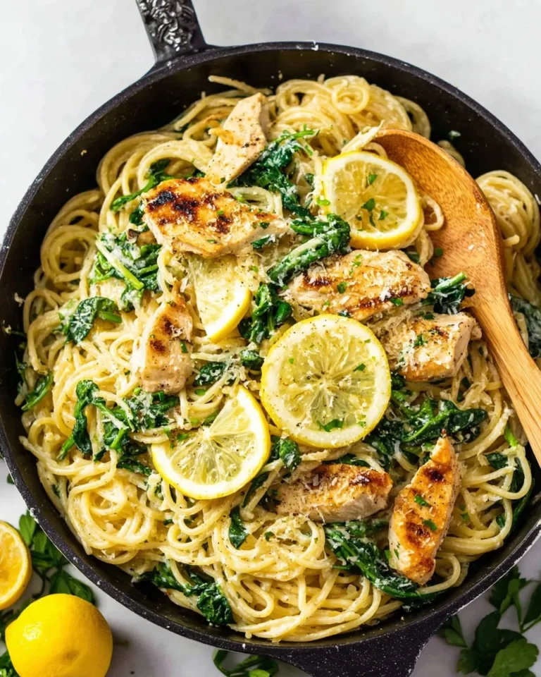 Creamy Lemon Ricotta Pasta with Chicken and Spinach served in a bowl