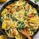 Lemon Ricotta Pasta with Chicken and Spinach, garnished with lemon zest.