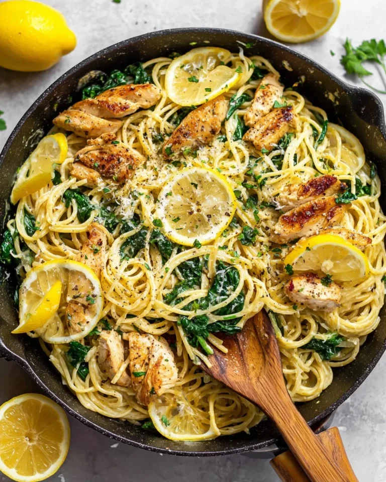 Lemon Ricotta Pasta with Chicken and Spinach, garnished with lemon zest.