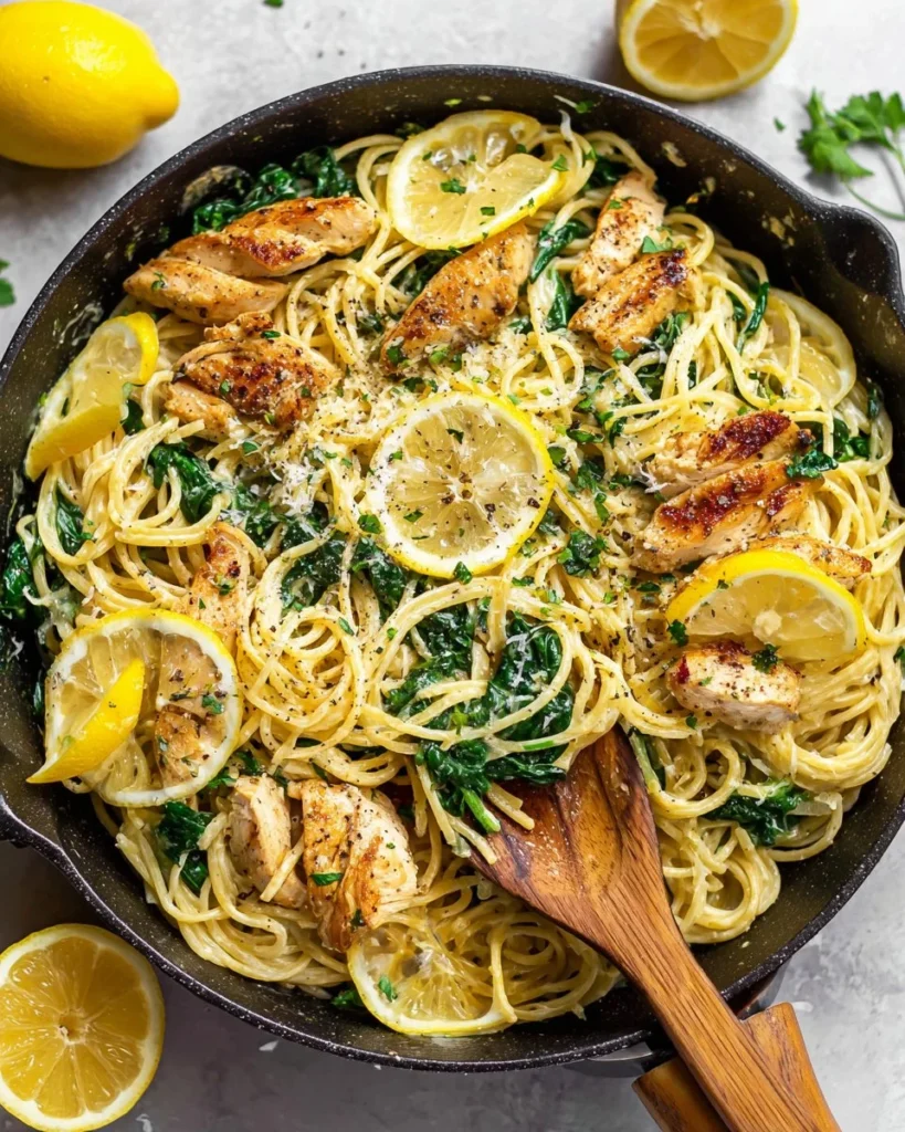 Lemon Ricotta Pasta with Chicken and Spinach, garnished with lemon zest.
