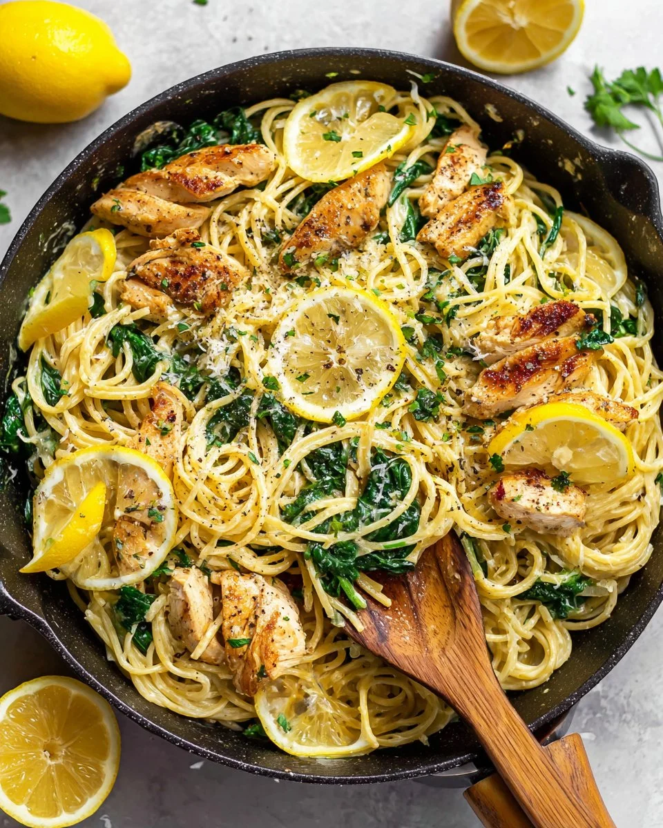 Lemon Ricotta Pasta with Chicken and Spinach, garnished with lemon zest.