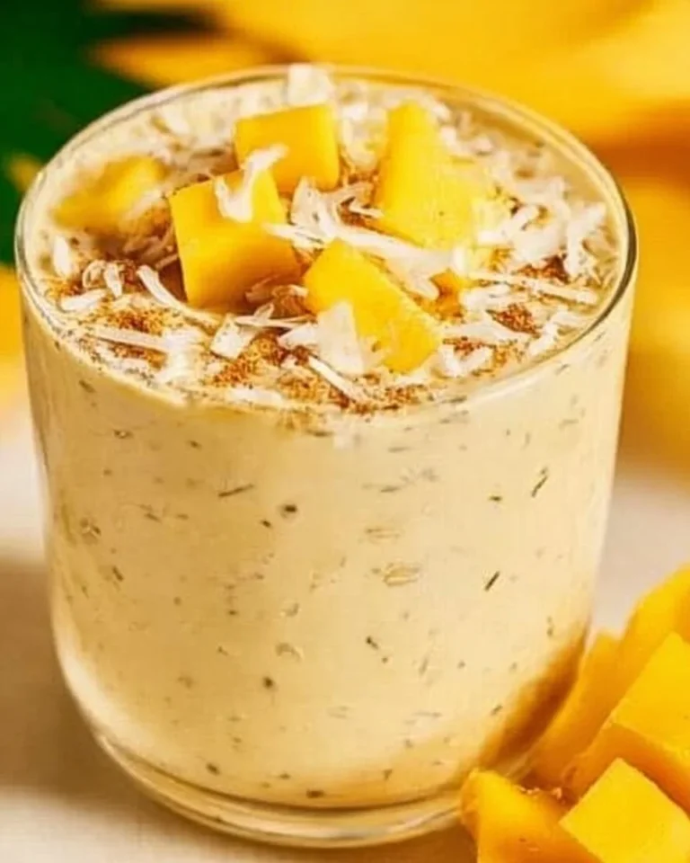 Healthy mango overnight oats topped with fresh mango slices and coconut flakes.
