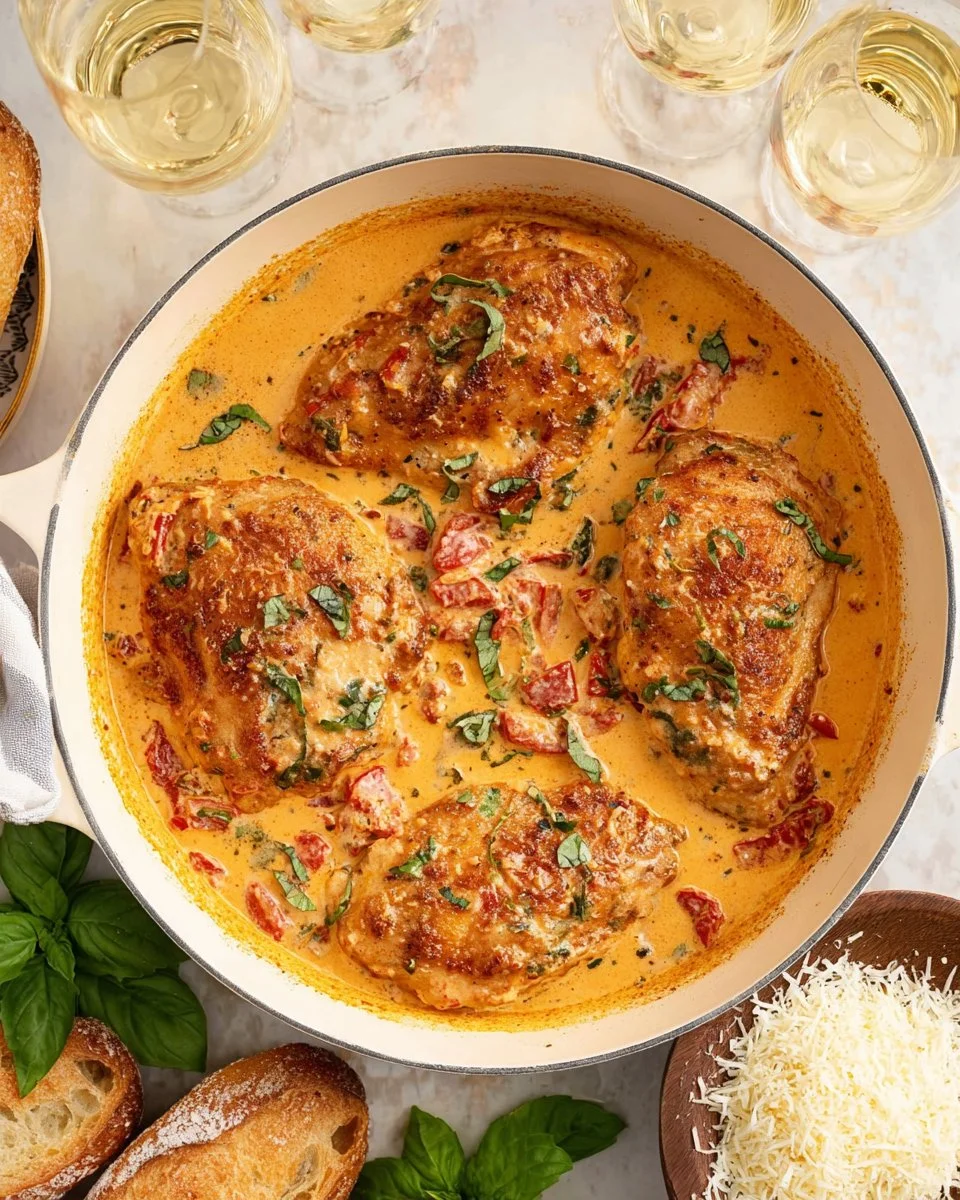 Creamy Marry Me Chicken with sun-dried tomatoes in sauce