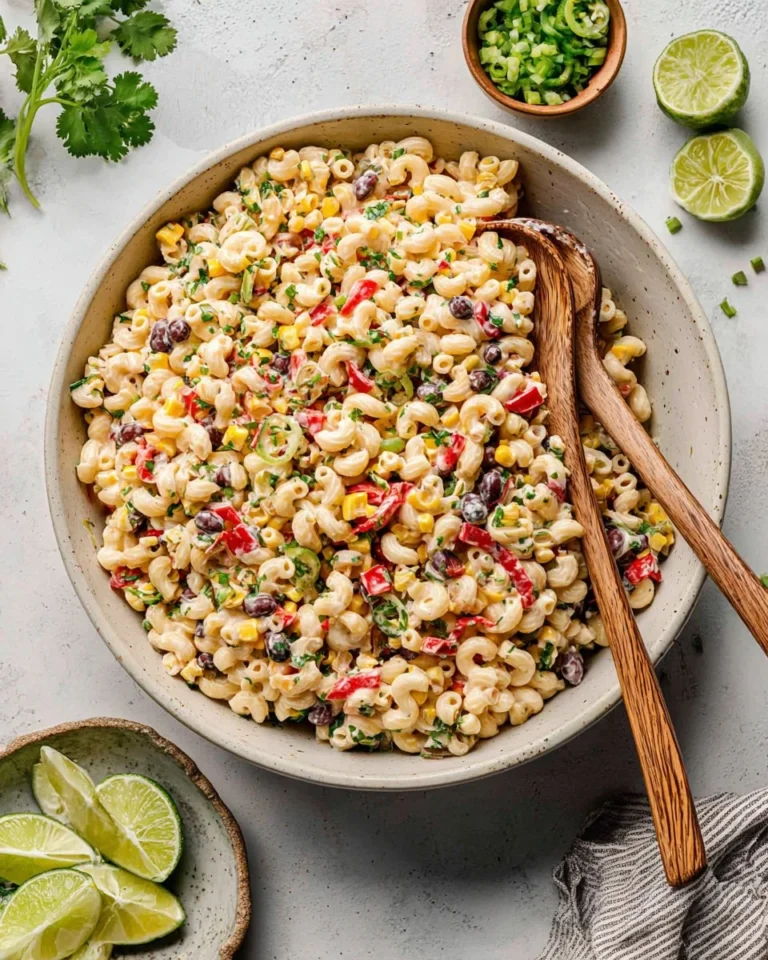 A vibrant bowl of Mexican macaroni salad with colorful ingredients.