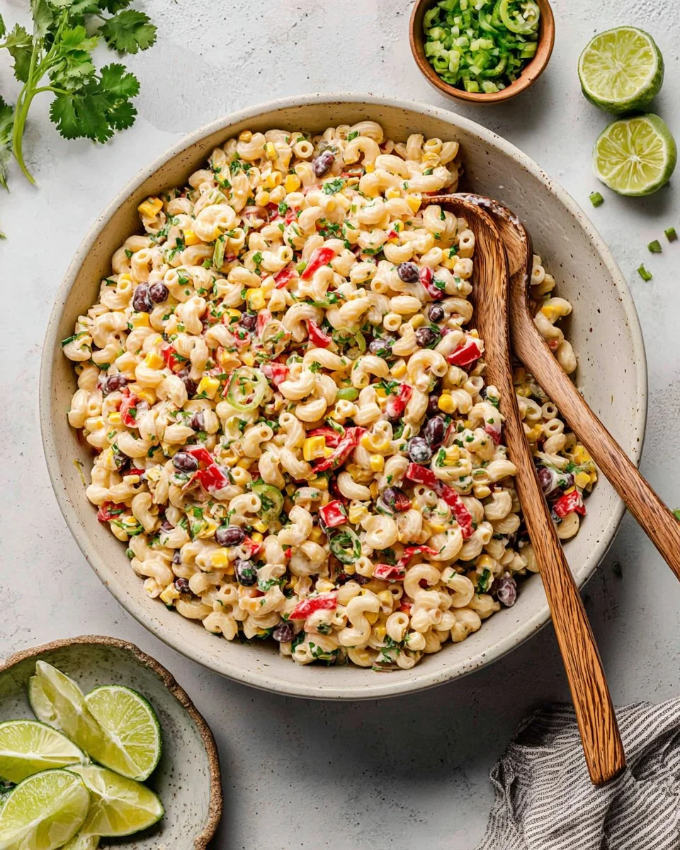 A vibrant bowl of Mexican macaroni salad with colorful ingredients.