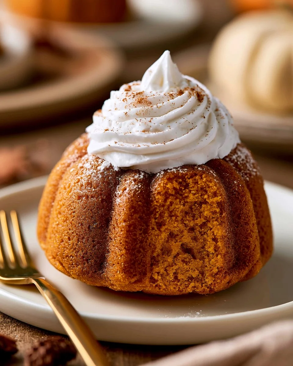 Delicious mini pumpkin bundt cakes topped with cream and spices