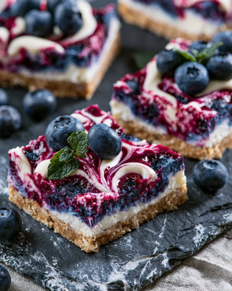 No bake blueberry cheesecake bars topped with fresh blueberries