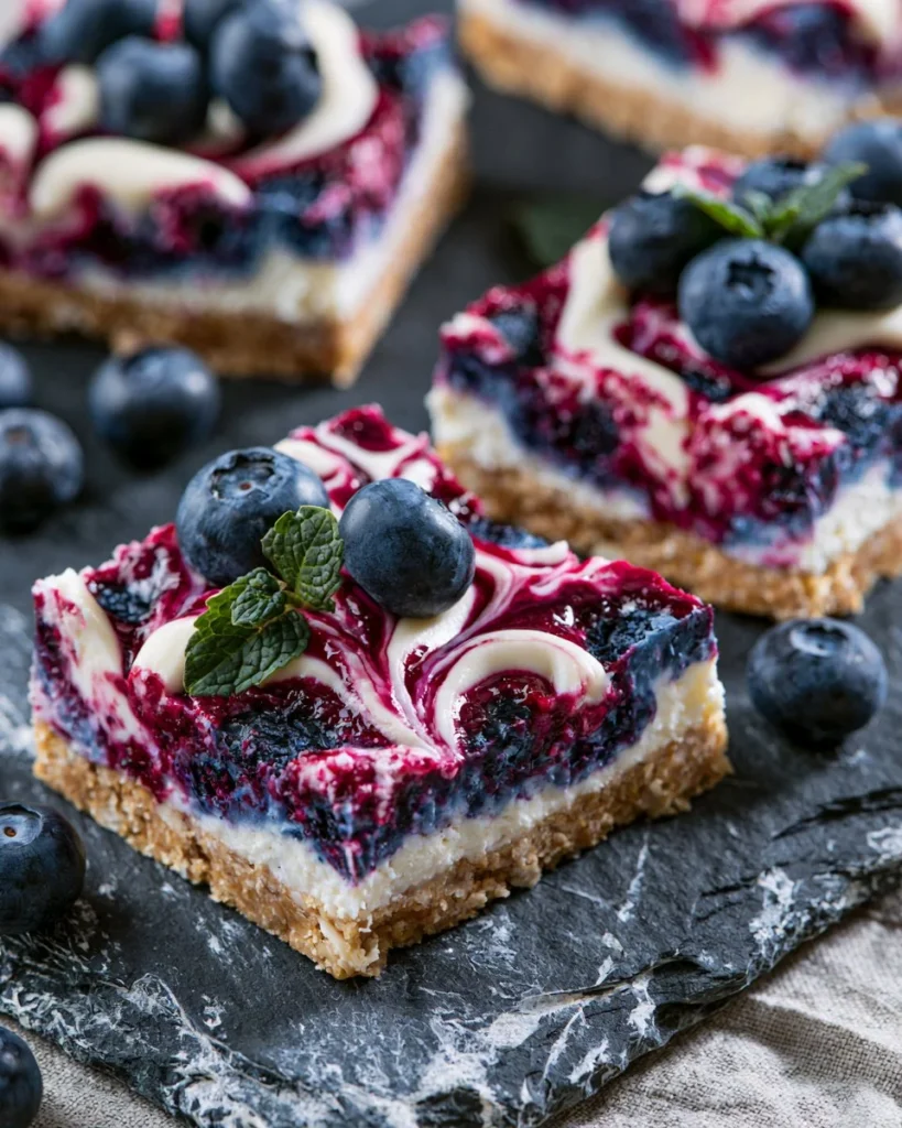 No bake blueberry cheesecake bars topped with fresh blueberries
