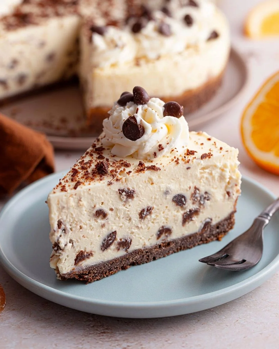 No-Bake Cannoli Cheesecake with a creamy filling and chocolate chips on top