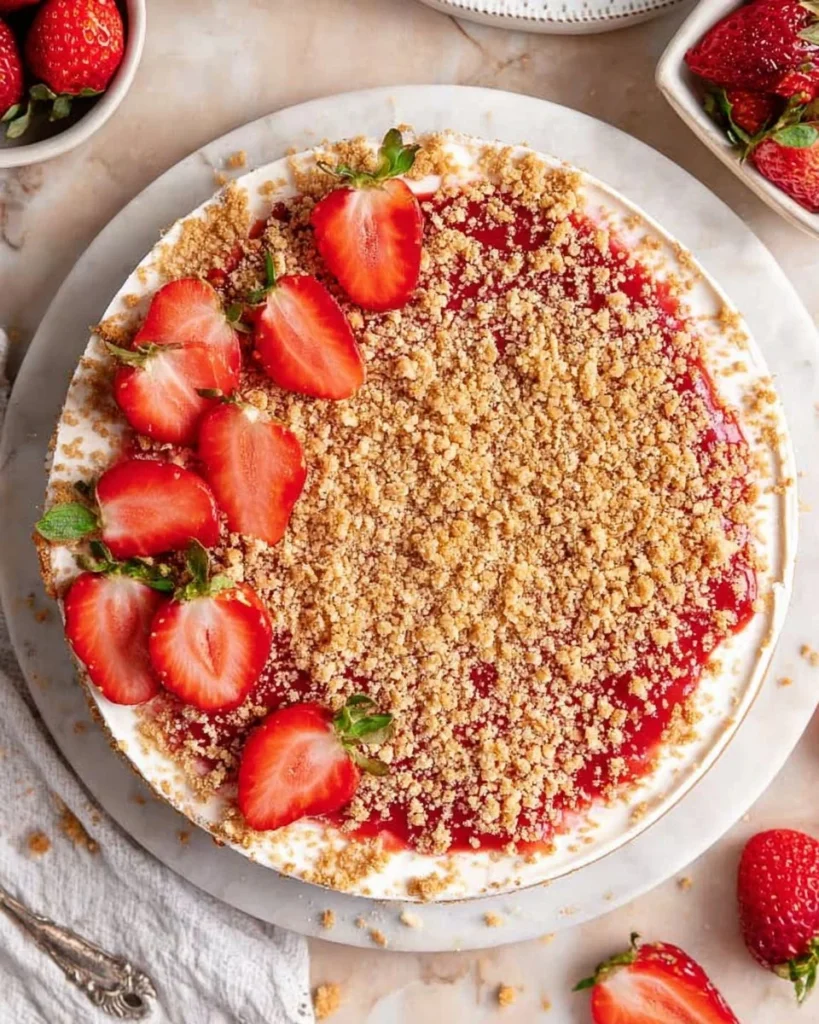 No Bake Strawberry Crunch Cheesecake topped with fresh strawberries and crunch.