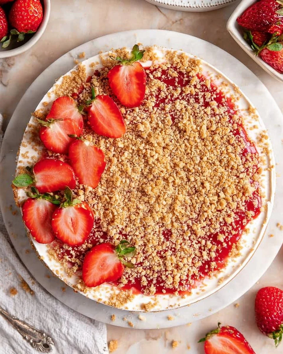 No Bake Strawberry Crunch Cheesecake topped with fresh strawberries and crunch.