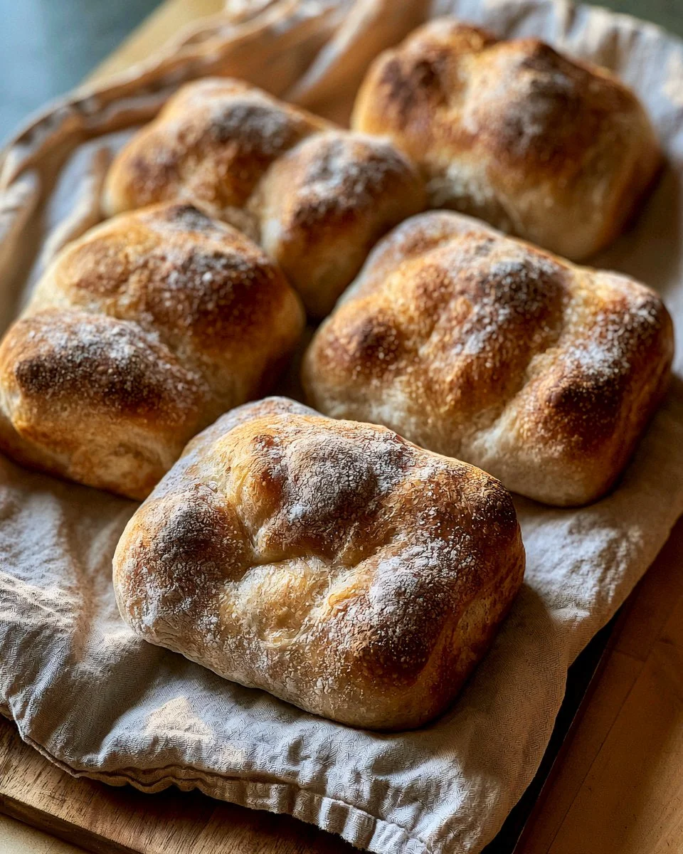 Freshly baked no-knead overnight sandwich rolls on a wooden table