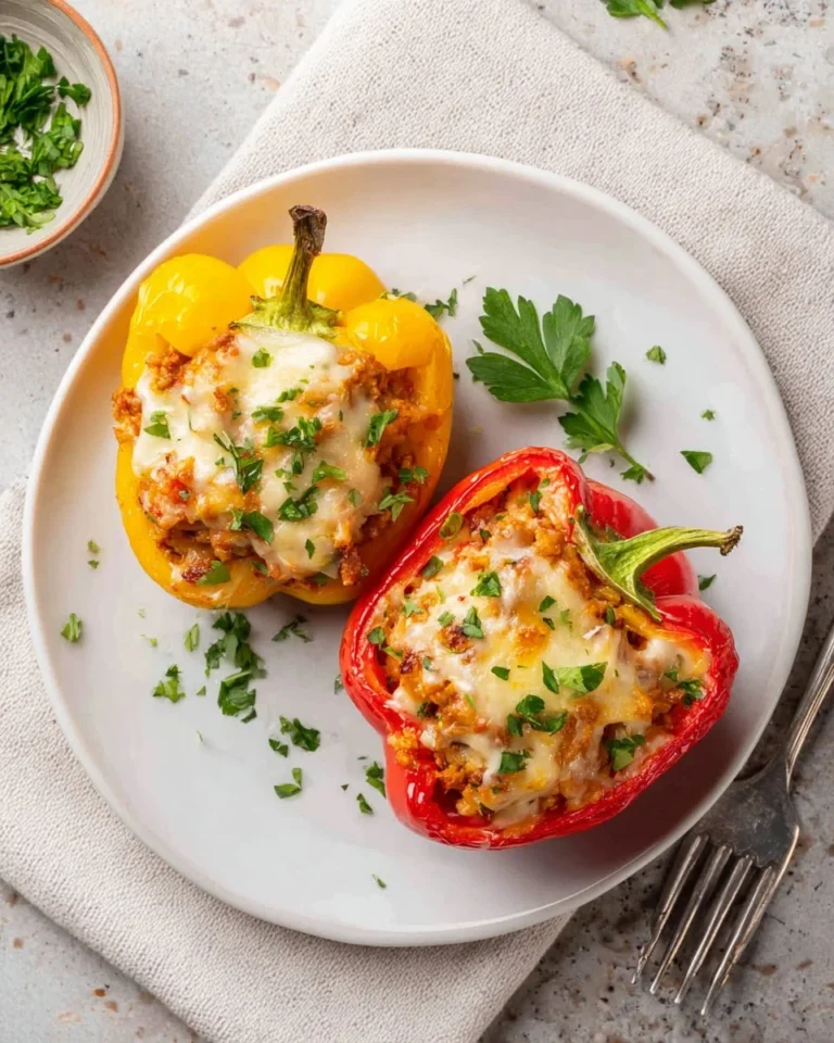 Colorful no-rice stuffed bell peppers filled with vegetables and spices