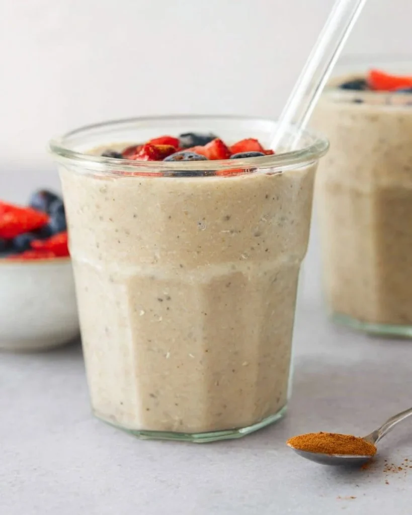 Healthy overnight oats served in a jar with fresh fruits and nuts.