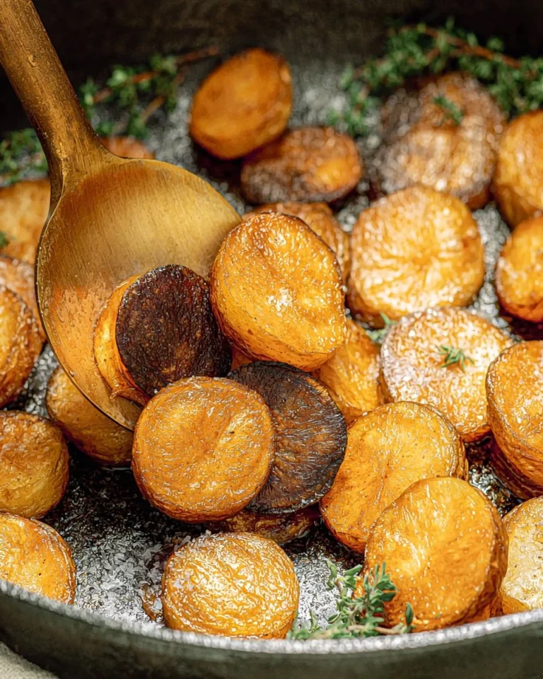 Crispy pan fried potatoes served on a plate with herbs